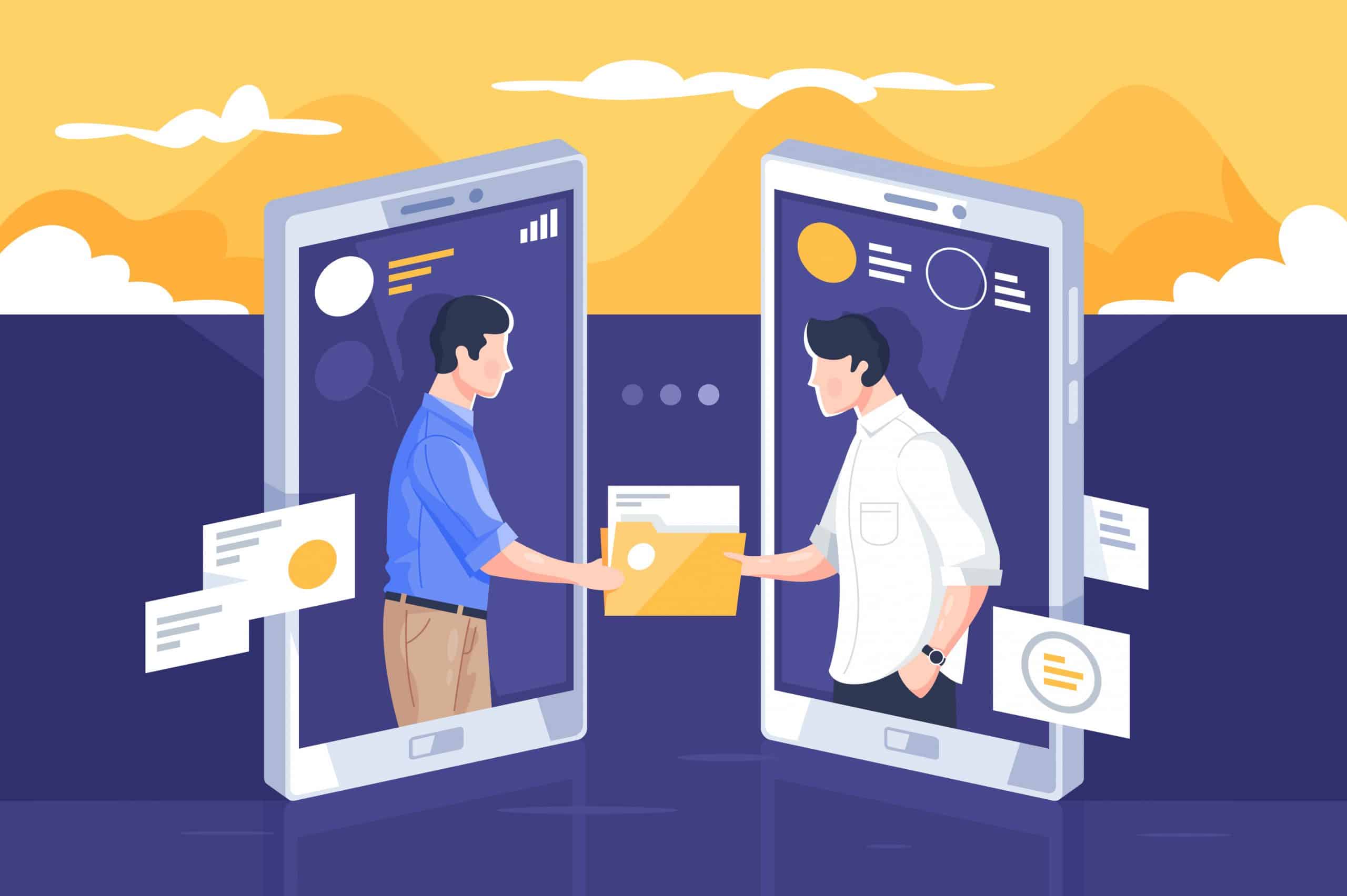 File sharing via internet vector illustration. People standing into mobile phone screens and giving paper folders through modern app flat style concept. Modern technology concept