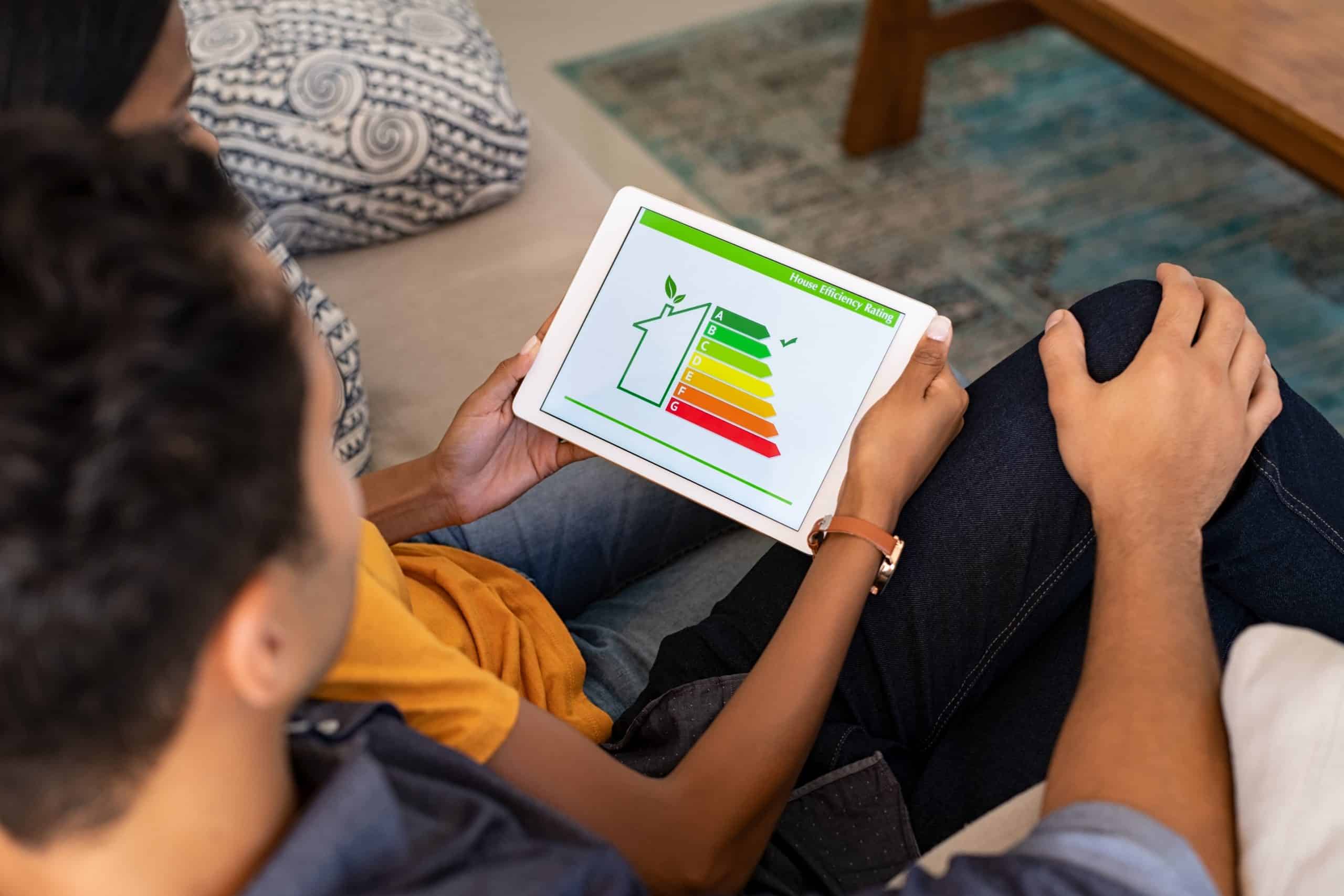 Rear view of indian couple checking on digital tablet housing energy efficiency rate. Young couple searching new green house on digital tablet. Husband embracing wife while checking the energy efficiency status of their home.