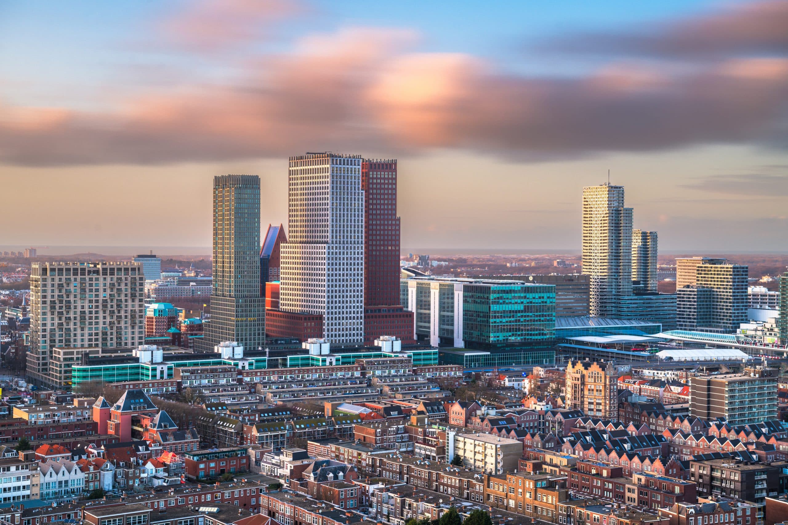 The Hague, Netherlands city centre skyline at twilight.