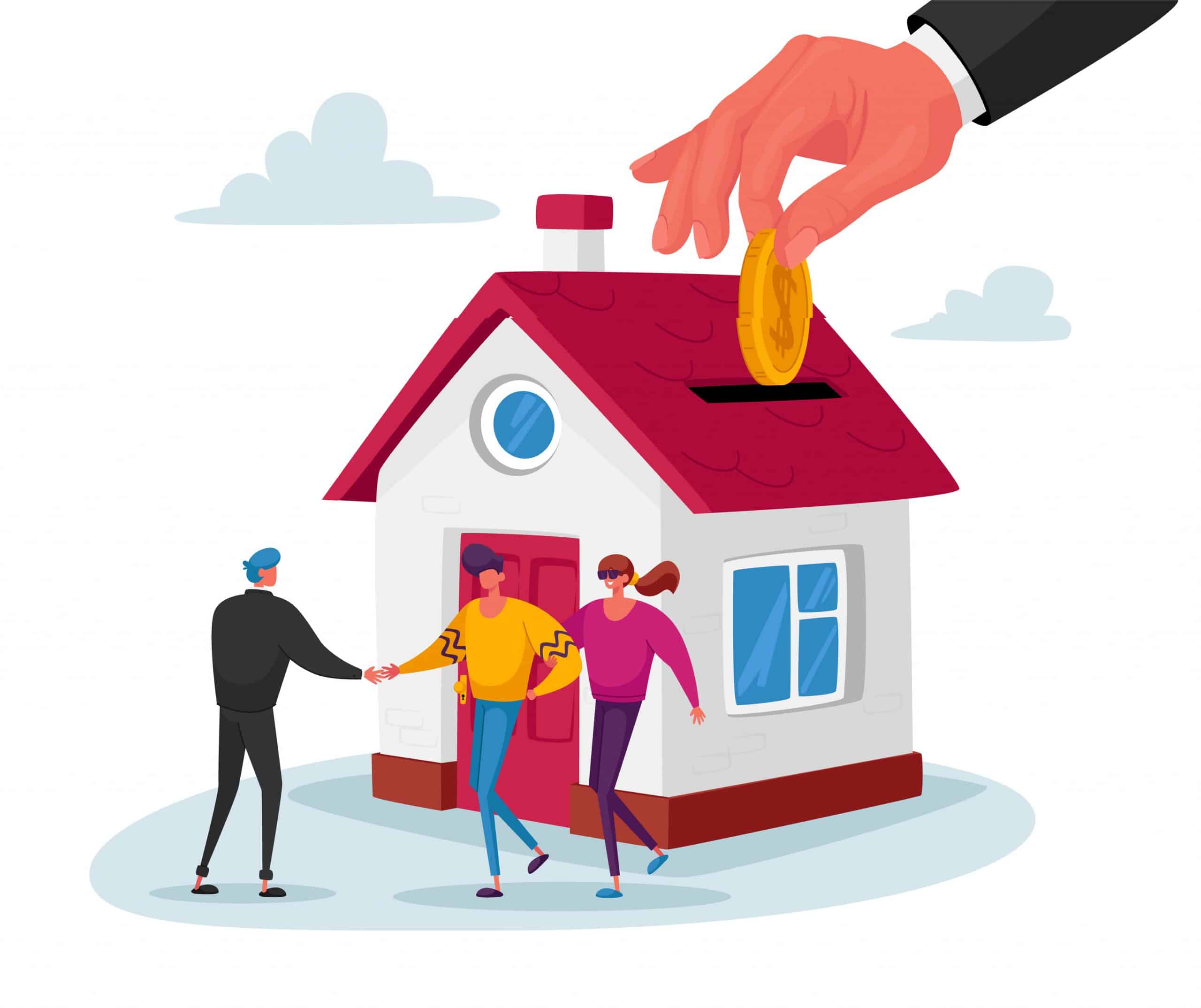 Real Estate Agent Selling House to Couple Buying Home. Manager Male Character Make Deal with Owner of House Giving Key for New Living Place, Mortgage and Home Buying Concept. Cartoon People Vector Illustration