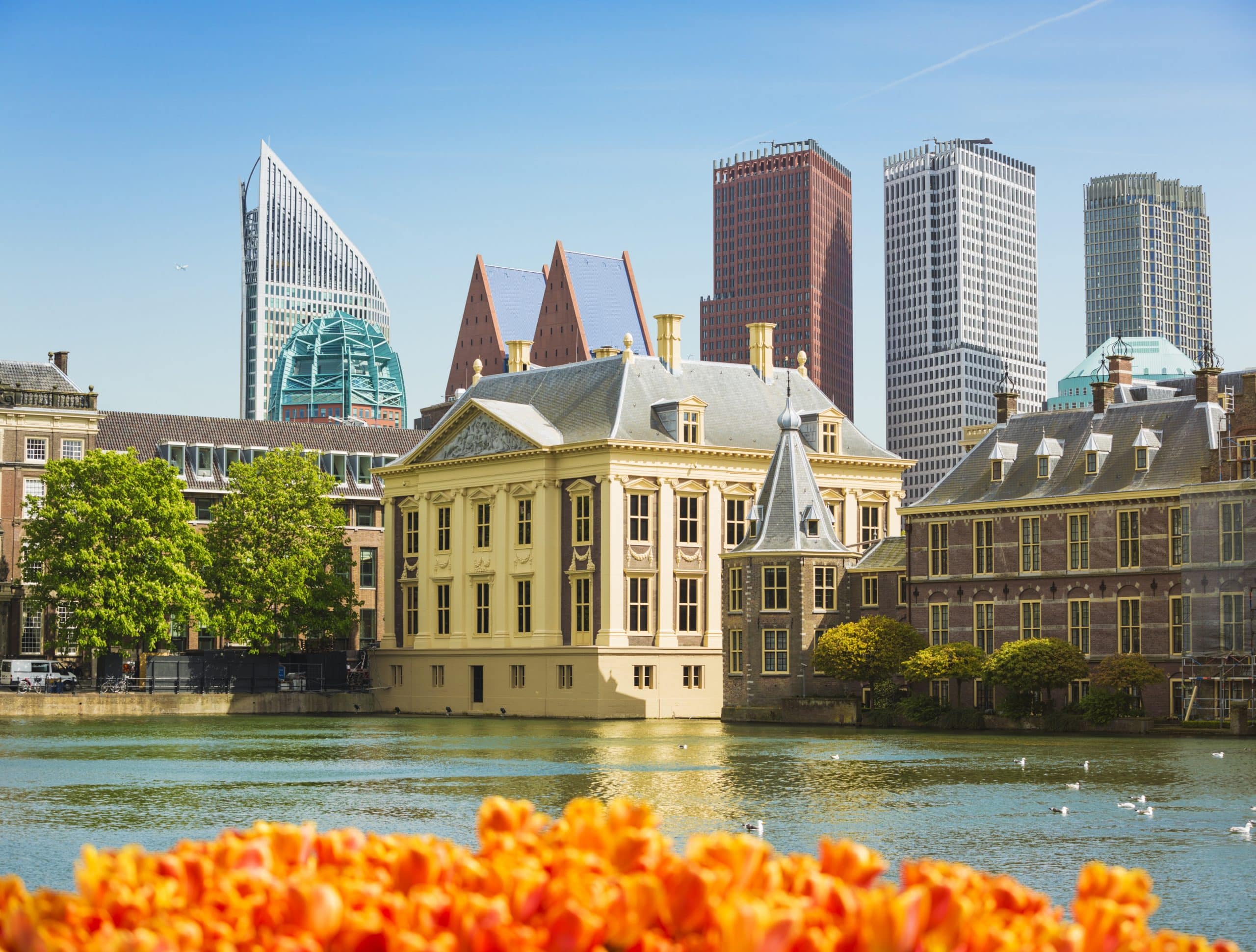 Parliament building, museum and skyscrapers in The Hague, Netherlands.