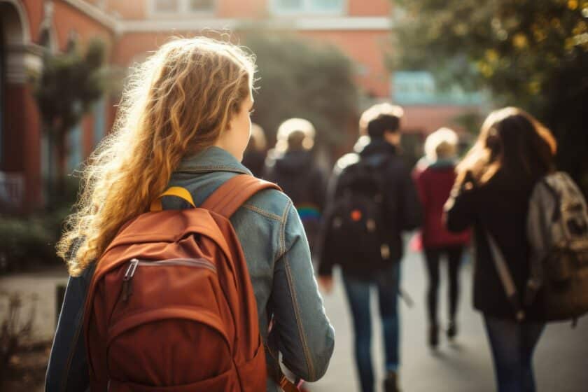 Girl with friends backpack going class. Day college. Generate Ai